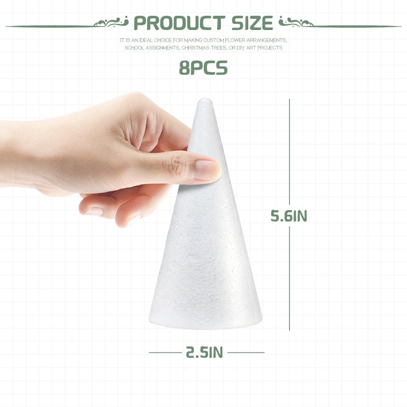 AHKUNMT 8 Pack Styrofoam Cones for Craft, 5.6x2.5in Craft Foam Tree Cones, White Small Polystyrene Foam Cones for Craft Use for DIY Art Projects, Christmas Tree Holiday Decor (5.6 * 2.5in-8pc) - Image 2